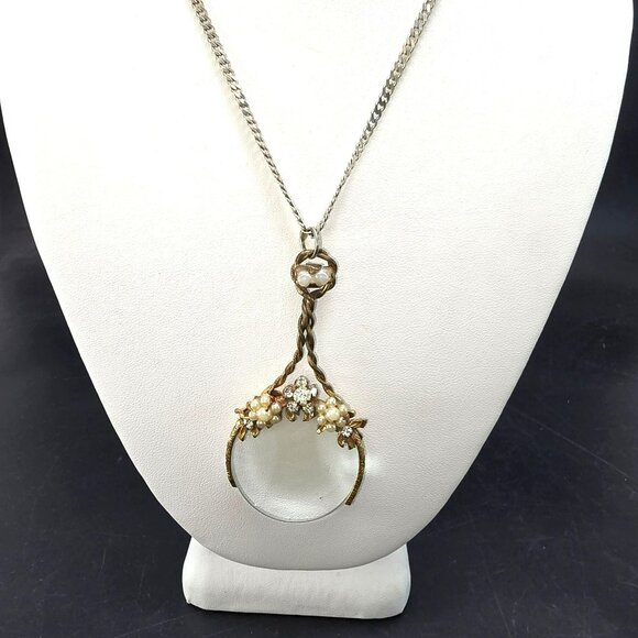Vintage Gold-Tone Magnifying Glass Pendant Sterling Silver Necklace HS224 - Picture 3 of 11